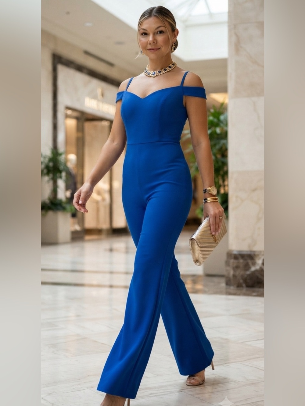 Royal Blue Off-The-Shoulder Wide-Leg Jumpsuit